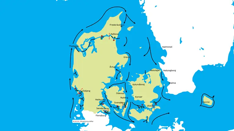 Danmarks kort med visning af retning for indadg&aring;ende sejlads